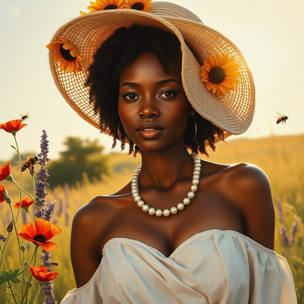 Black Woman in Sunlit Meadow, Impasto Oil Painting