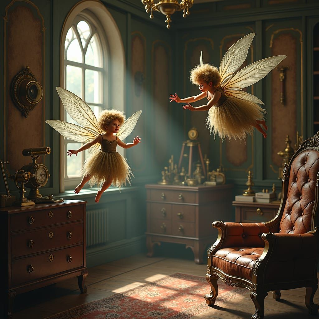 Pixie Fairies Flying in Steampunk Room