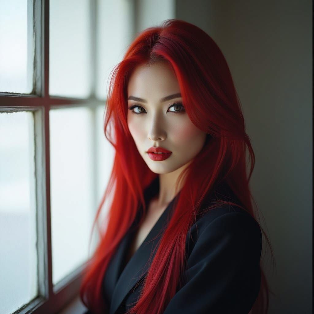 Ultra-Realistic Japanese Woman with Scarlet Hair and Heavy M...