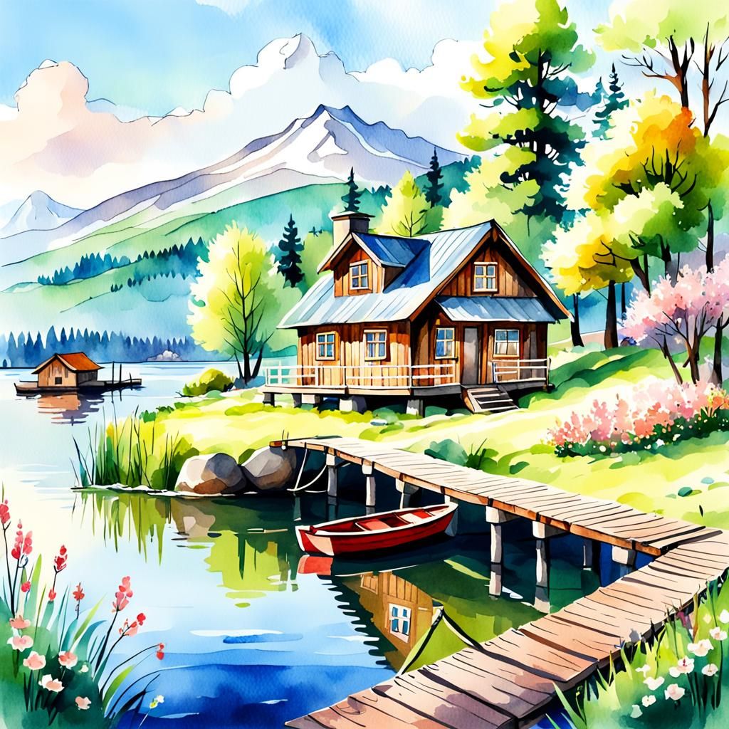 Spring Landscape: Watercolor Sketch of Lakeside House