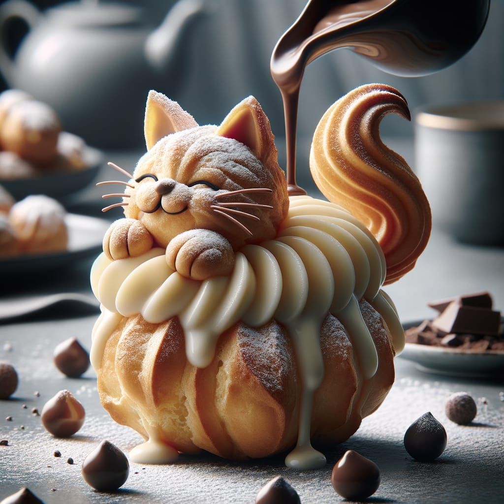 Cat-Shaped Profiterole with Creme Anglaise and Chocolate