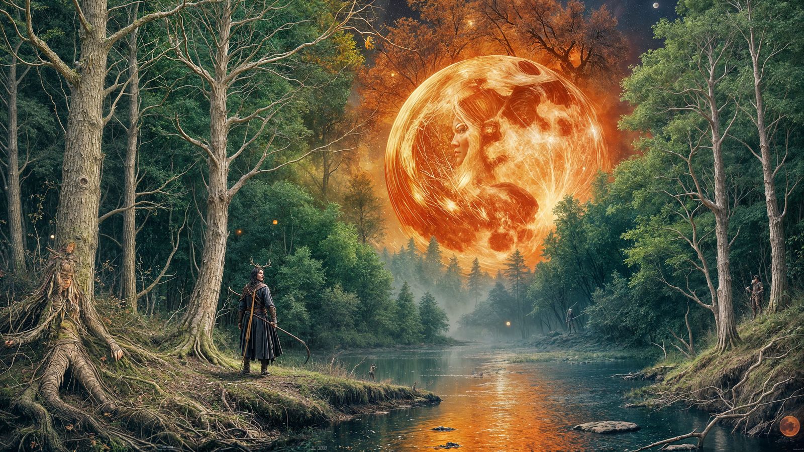 Elven Warrior Patrols Under Red Moon with Ents