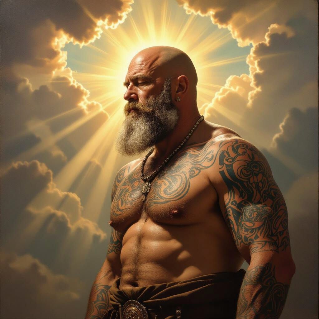 Muscular Bearded Man Finds Redemption in Divine Light