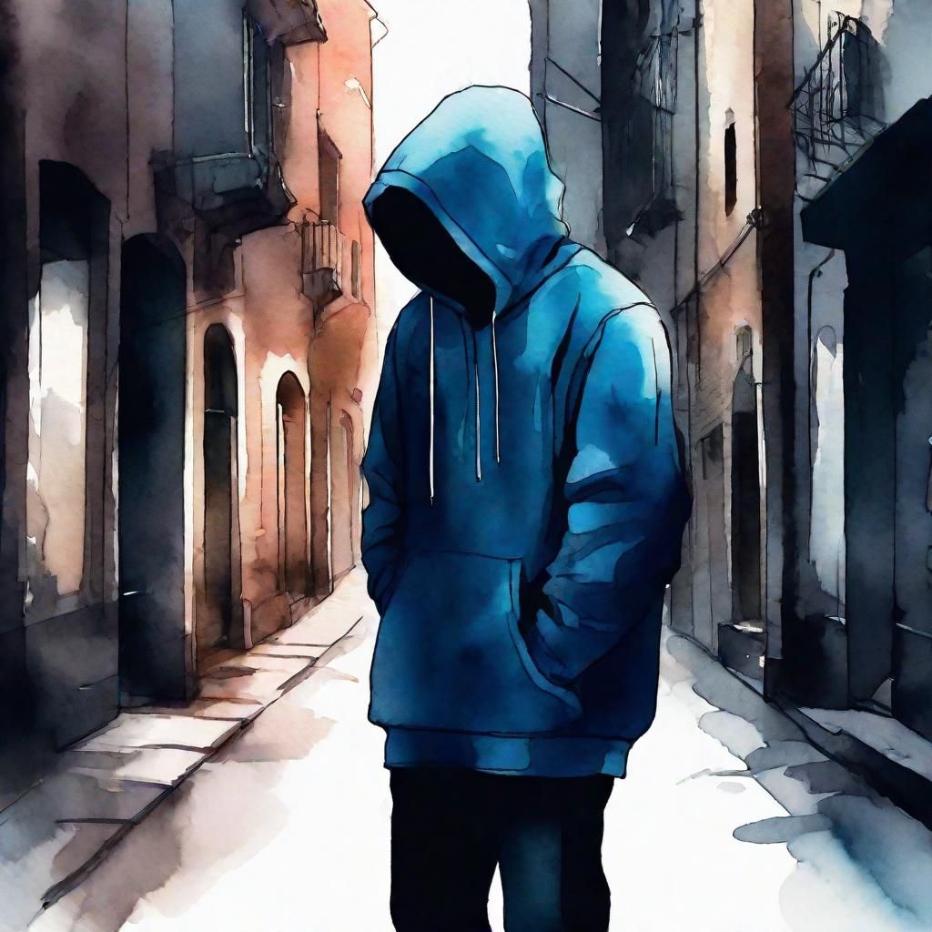 Shadowed Figure in Alleyway: Watercolor Digital Illustration