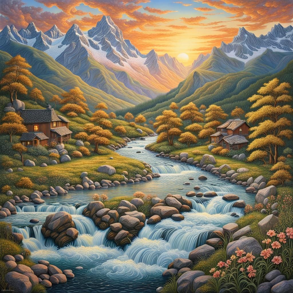 Swiss Mountain River at Sunset: Photorealistic Fantasy Art