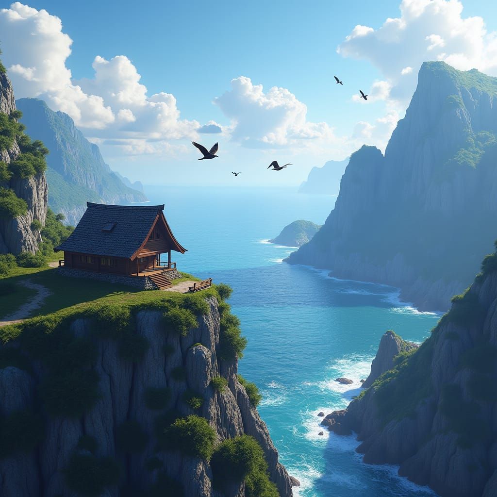 Mountain Cabin Overlooking Ocean: Matte Painting