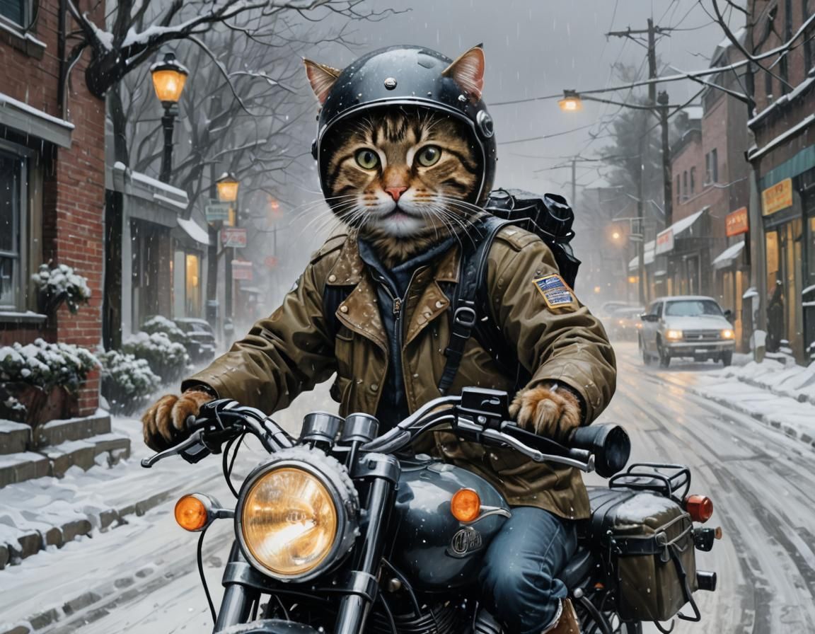 Scared Cat Motorcycle Ride in Snowstorm: Digital Art