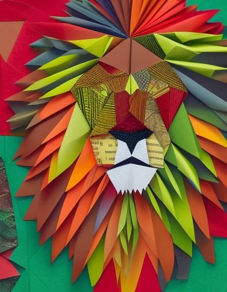Beautiful collage art portrait of a lions head using leaves  and twigs and berries abstract art complementary colors fin...