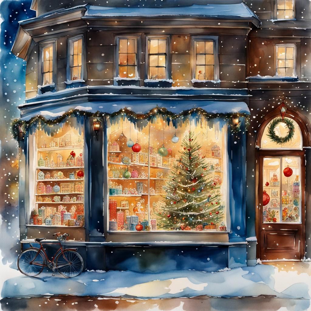 Christmas Toy Store in Watercolor at Blue Hour