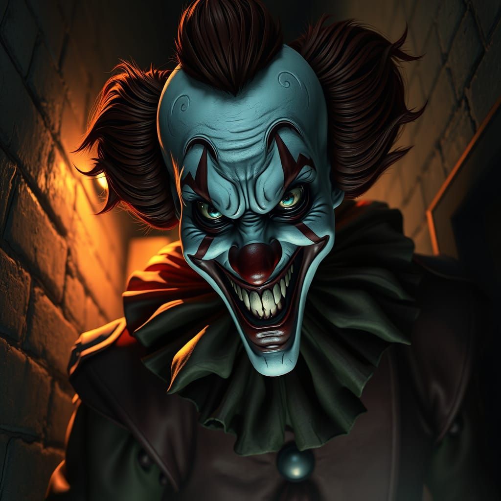 Sinister Clown in Dark Alley, Horror Comic Style