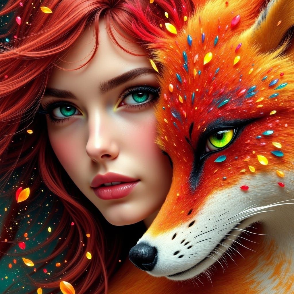 Abstract Painting of Woman and Fox with Red Hair