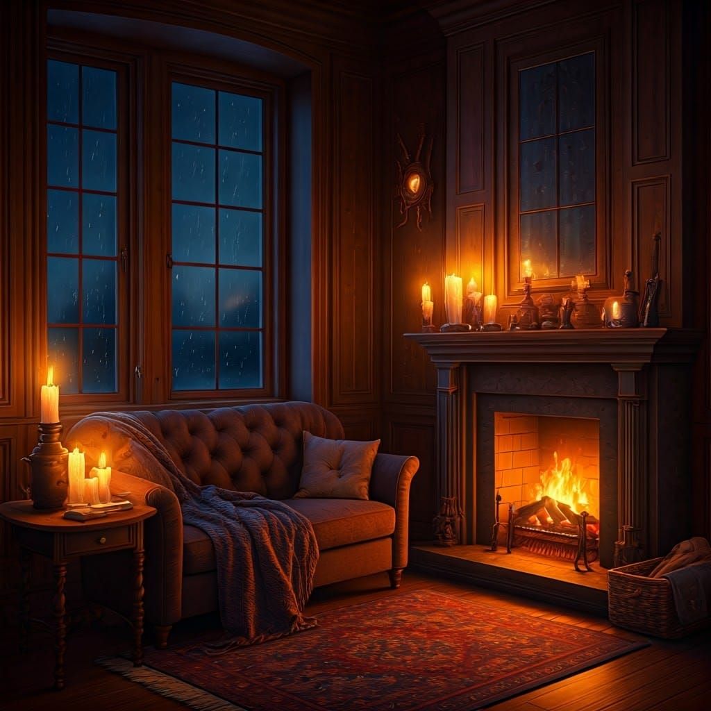 Cozy Candlelit Living Room Scene with Fireplace