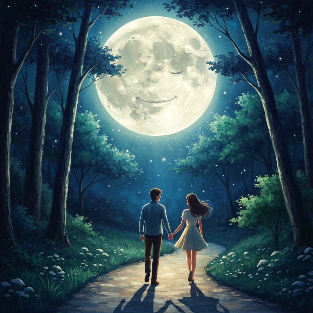 Smiling Moon Over Couple in Enchanted Forest Path