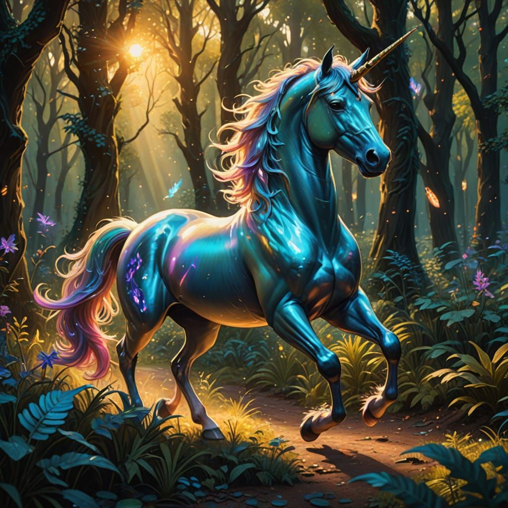 Unicorn Galloping Through Bioluminescent Forest: Fantasy Art