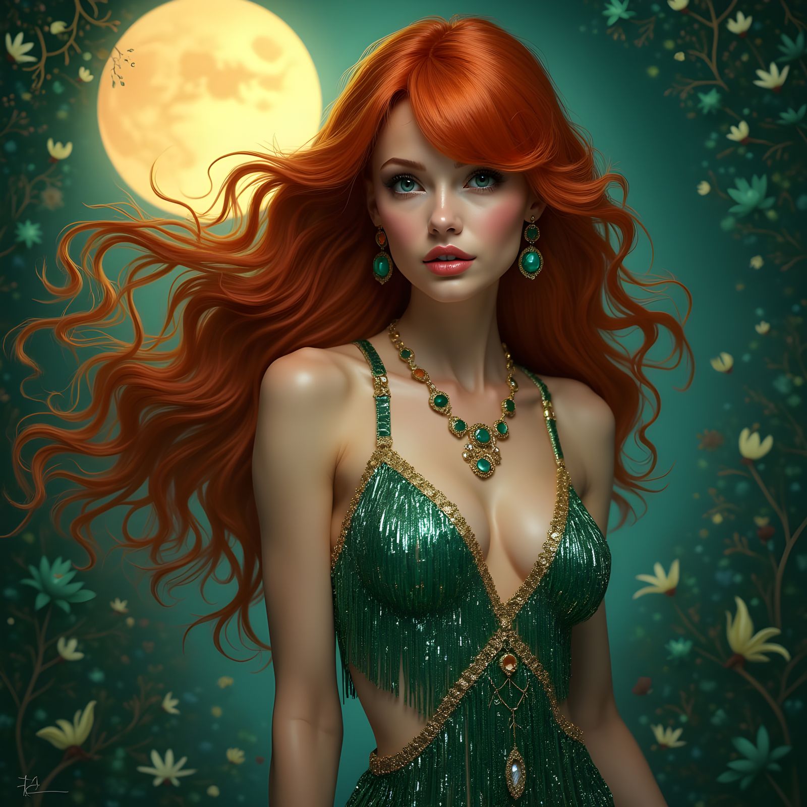 Red-Haired Flapper Portrait in Art Deco Style