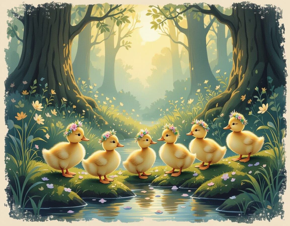 Enchanted Forest Ducklings with Flower Crowns in Vintage Sto...