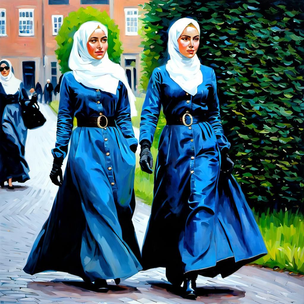 Danish Hijabi Girls Walking in Copenhagen: Oil Painting