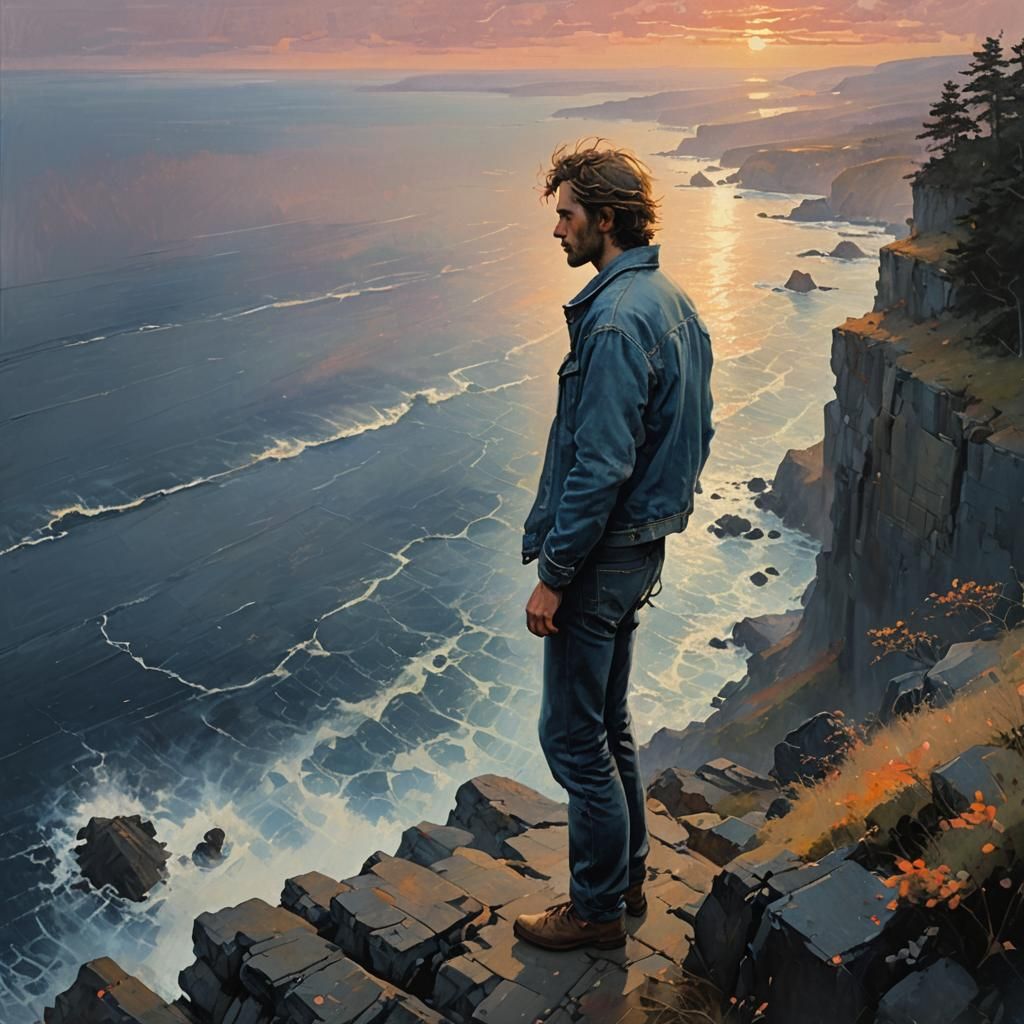 Contemplative Man at Cliff's Edge in Golden Light
