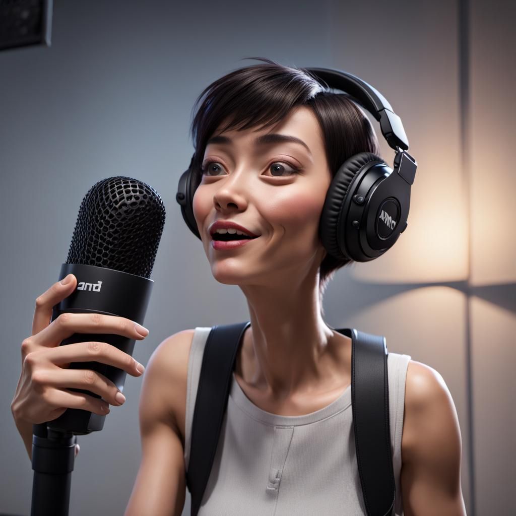 goofy singing ,big mic ,big music notes floating,AMD , GeForce RTX, 2TB NVMe M.2 SSD, 6TB HDD ,unreal engine 5 ,128 bit ...