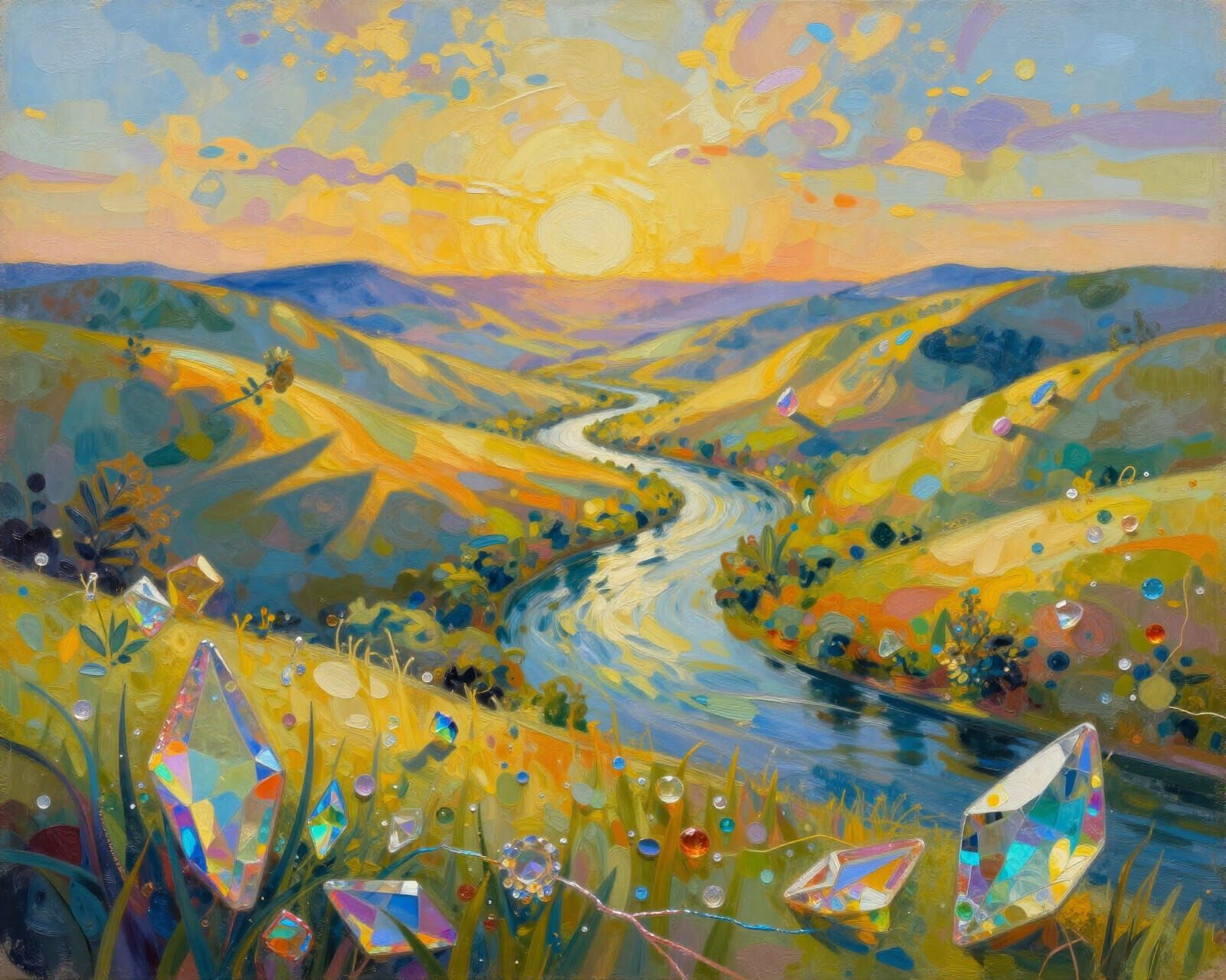 Surreal Dreamscape Oil Painting with Iridescent Glass