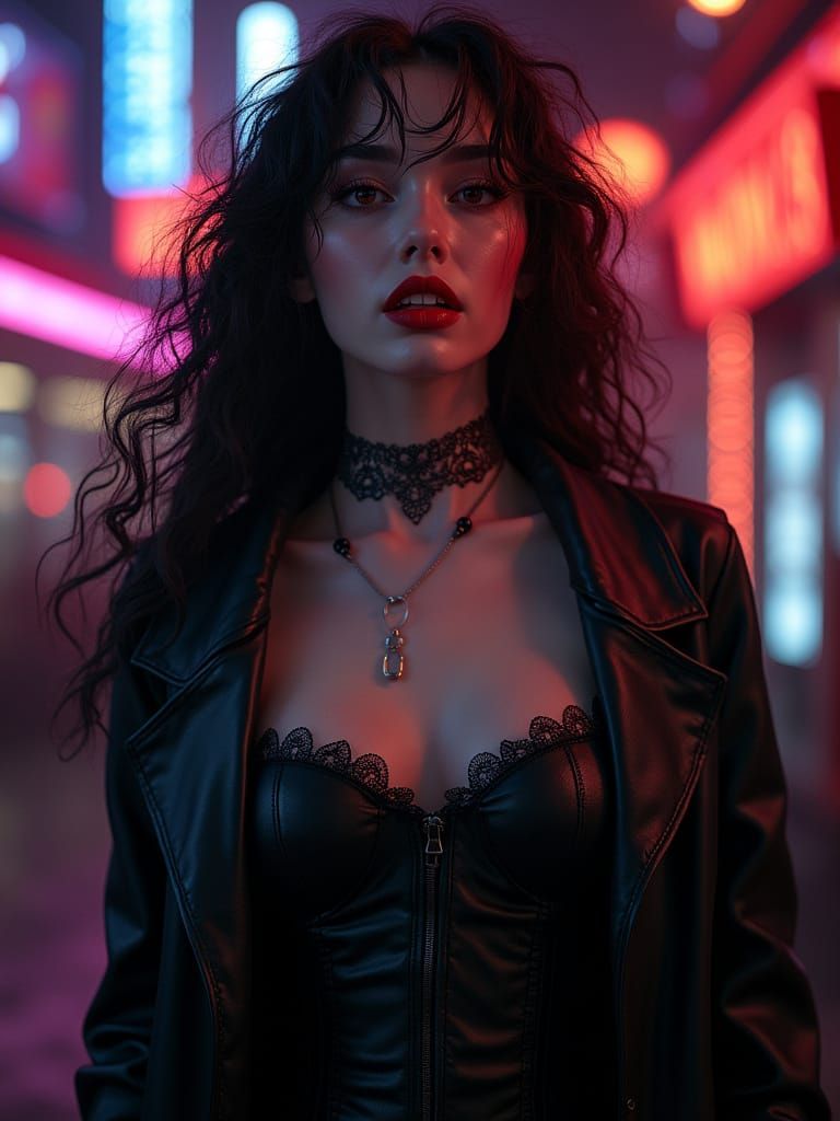 Gothic Vampire Goddess in Red Eyes and Leather