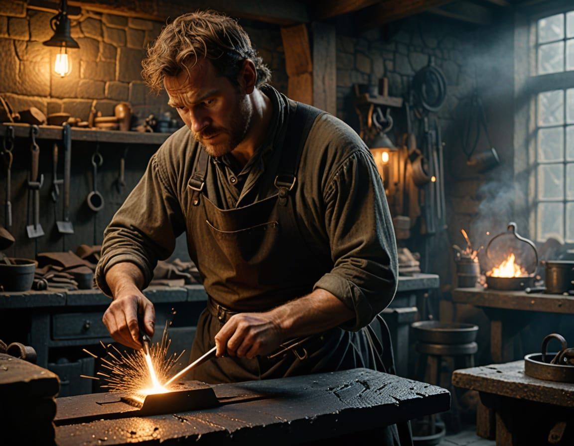 Blacksmith in Scottish Highlands Shop: A Cinematic Still