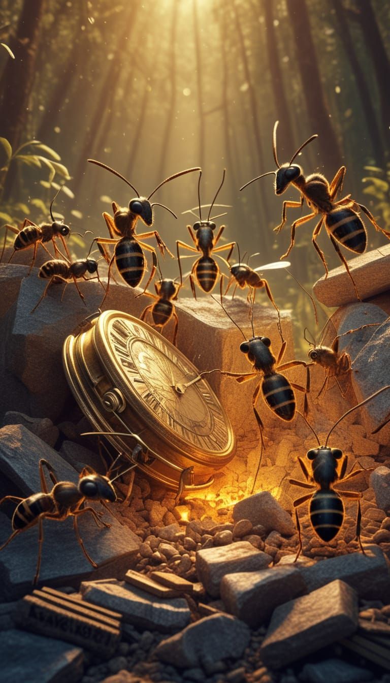Amazonian Ant Colony Exploiting Captives, Surreal 3D Art