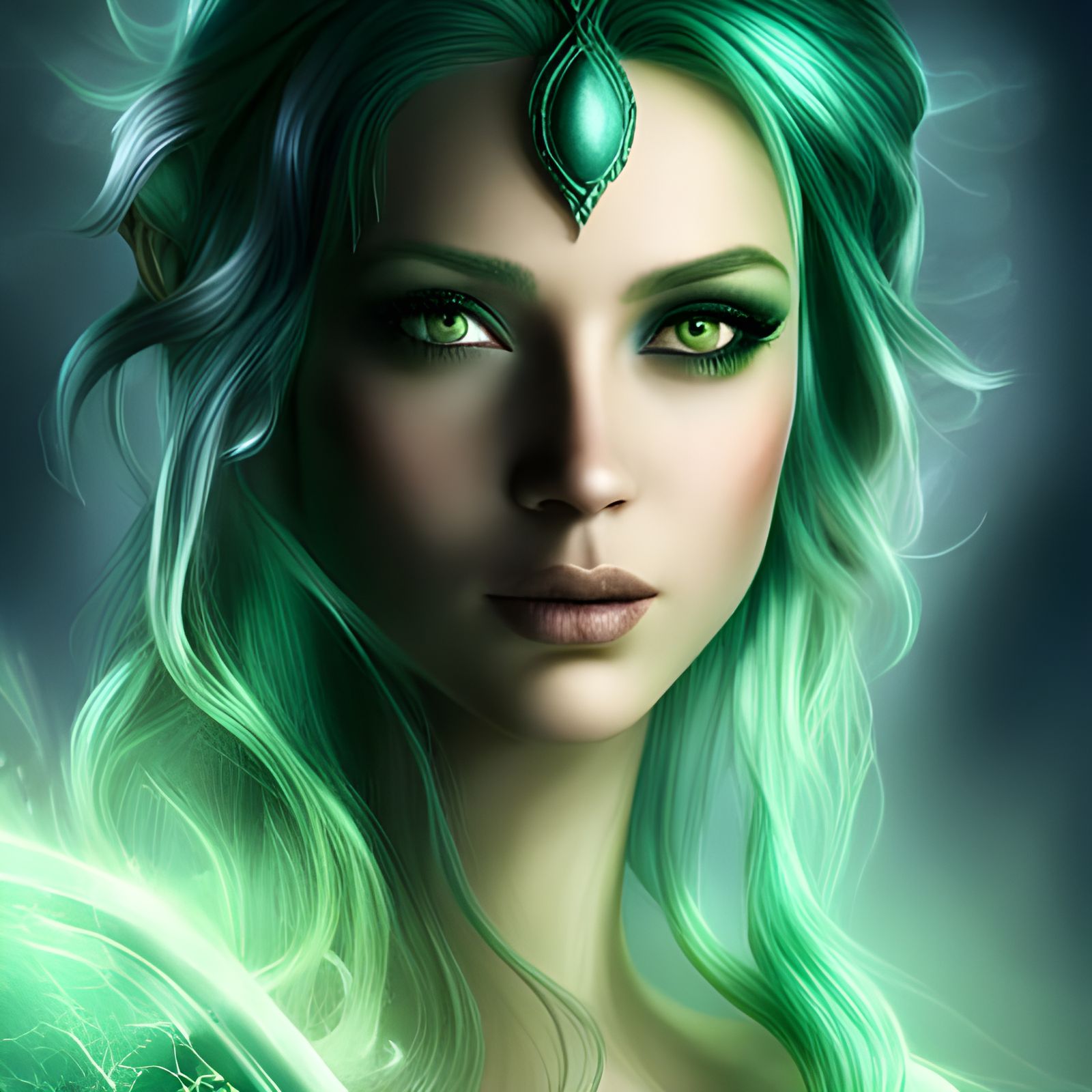 Mystical Green-Haired Elven Goddess