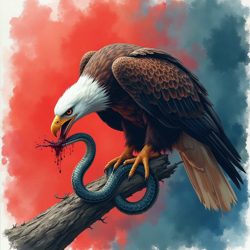 Eagle Devouring Snake in Vibrant Watercolor Style