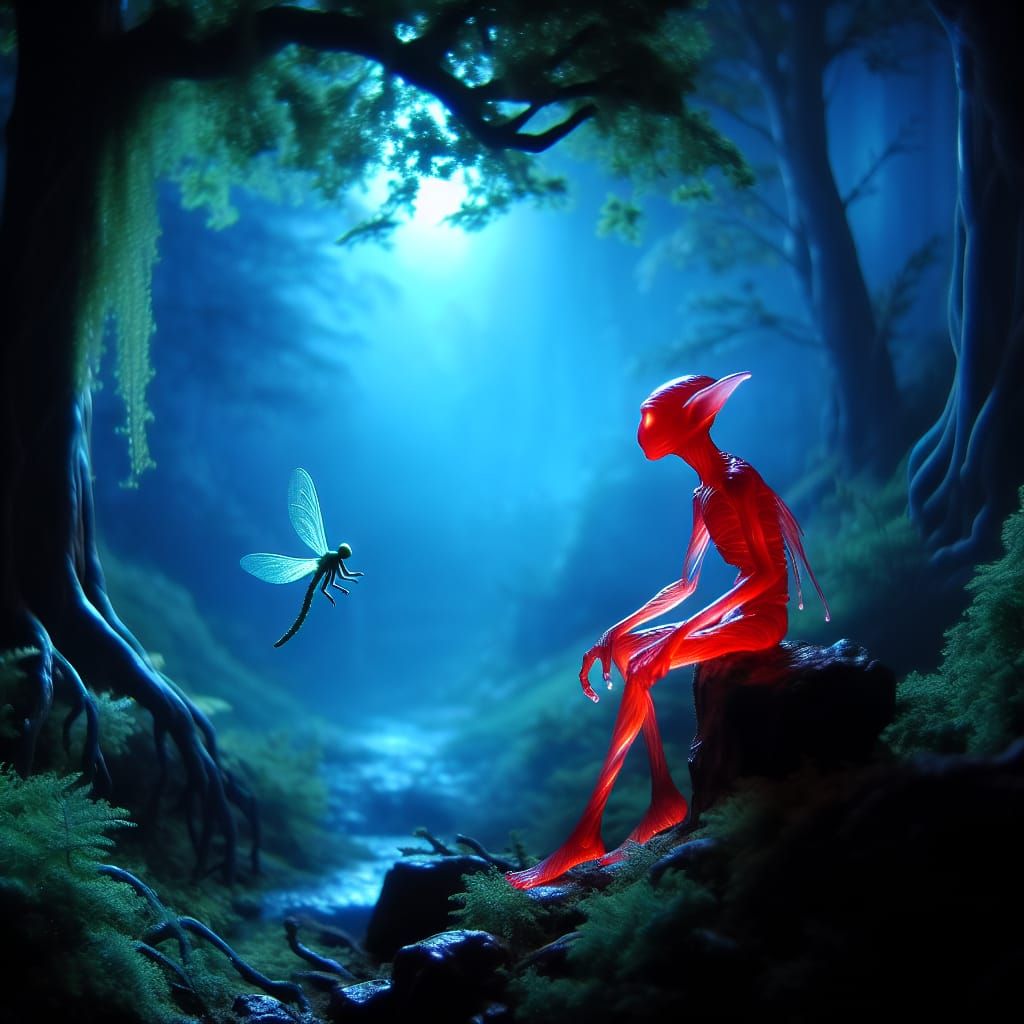 Ethereal Red Elf in Misty Forest Landscape