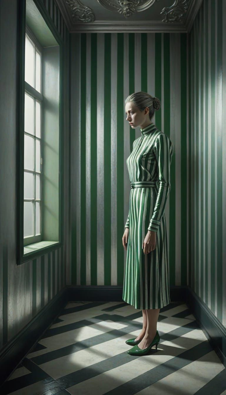 Silver and Green Striped Woman: Surreal Concept Art