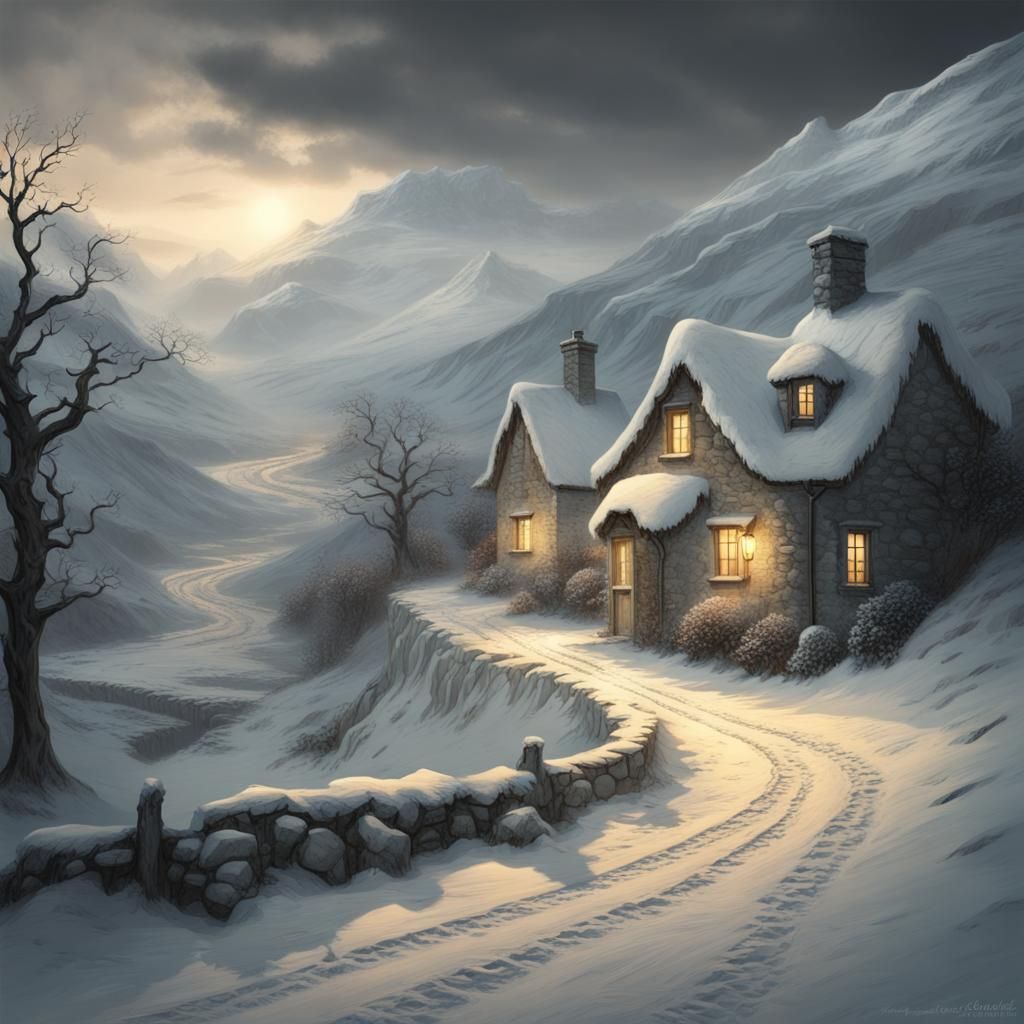 Snowy Croft Cottage in Winter: Moody Horror Scene
