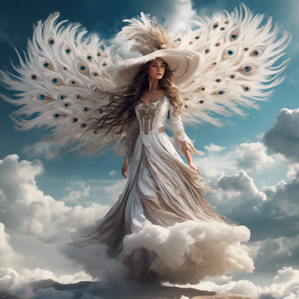 Woman with Peacock Feather Hat on Clouds