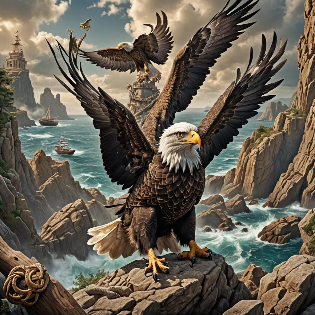 Eagle, Serpent, Ship, Man: Hyperrealistic Cinematic Scene