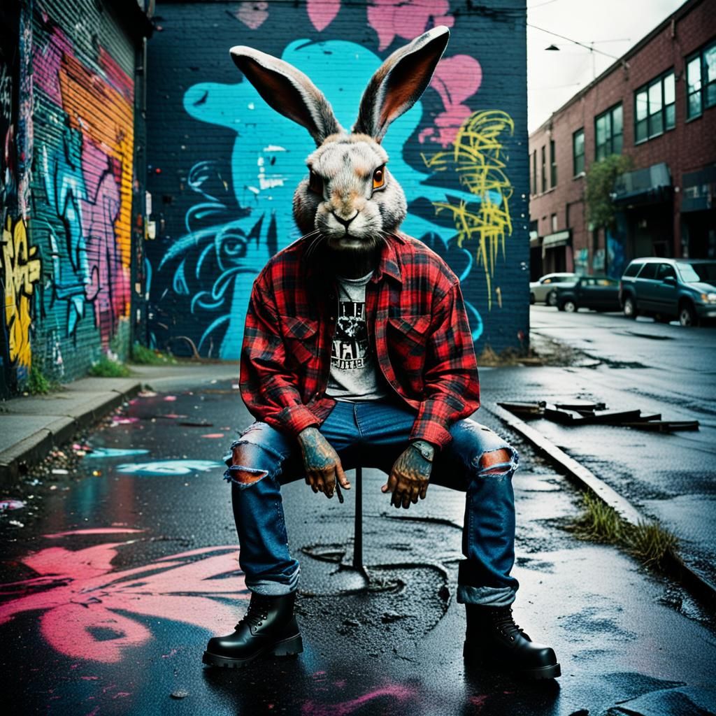 Grunge Rabbit in Seattle Graffiti Road, Basquiat Style
