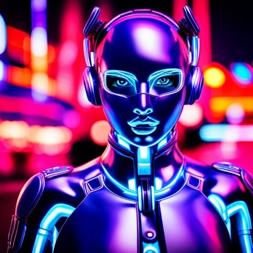 Cyborg Girl in Neon City: Hyperrealistic Portrait