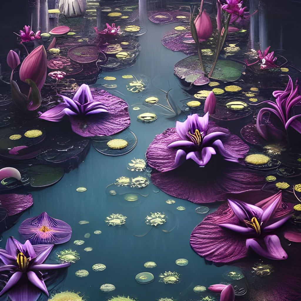 Dark Fantasy Lilies Floating in Water Illustration