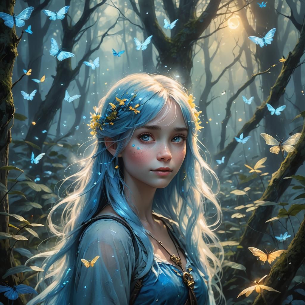 Smurfette in Misty Forest with Glowing Dragonflies