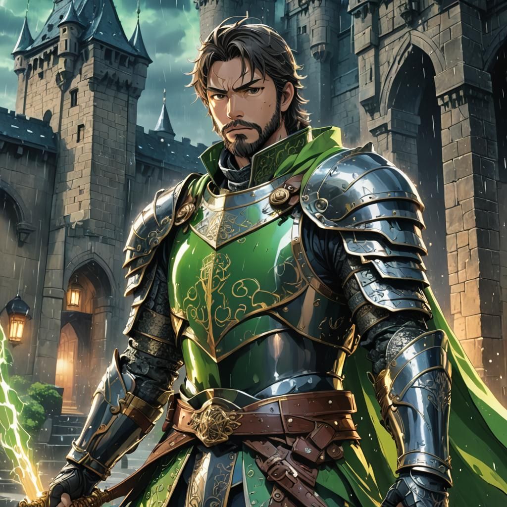 Friendly Knight at Castle Entrance in Anime Style