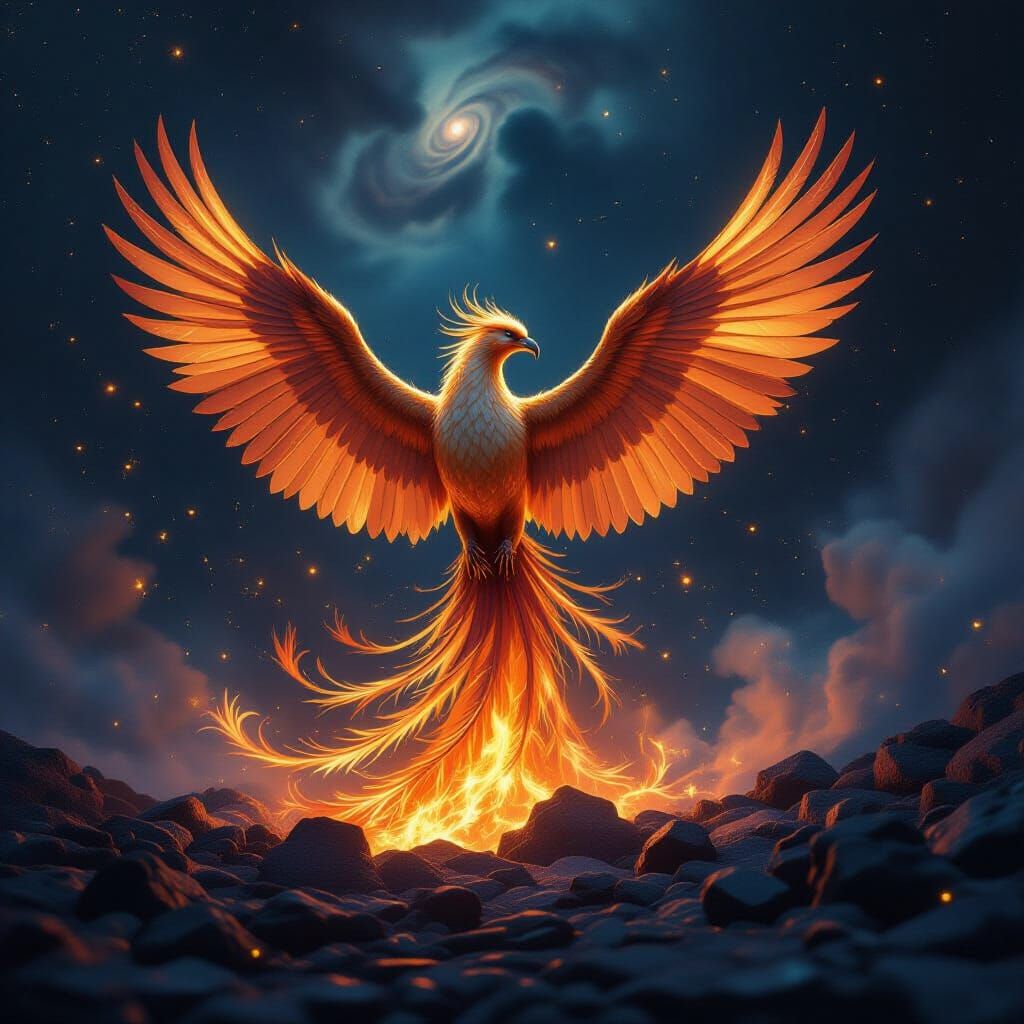 Majestic Phoenix Rises from Cosmic Embers in Surreal Style