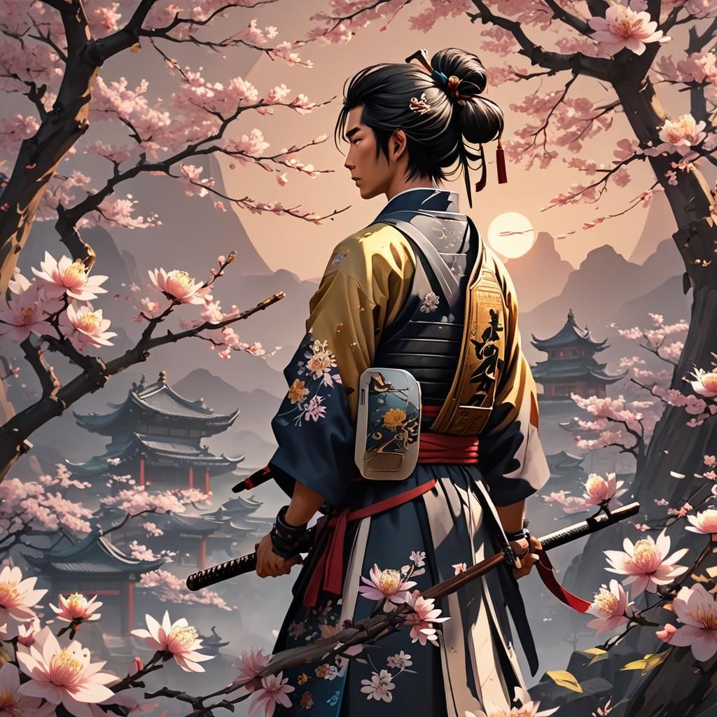 Samurai with Blossom Flowers in Chinese Scroll Style