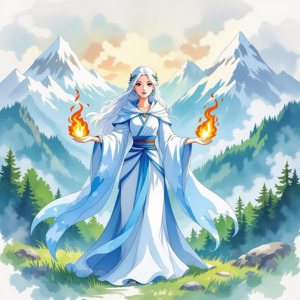 Goddess of Ice and Fire in Ghibli Style