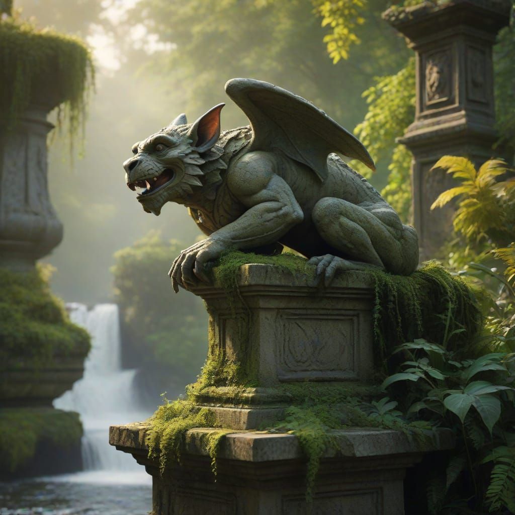 Moss-Covered Gargoyle in Ethereal Light