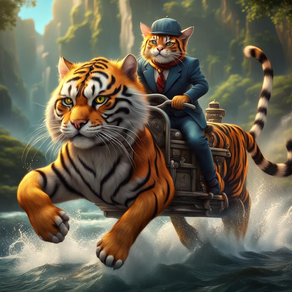 Comical Cat Riding a Tiger Fantasy Art