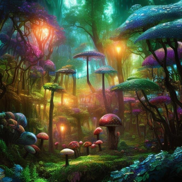 Crystal Mushroom Forest in Digital Matte Painting Style