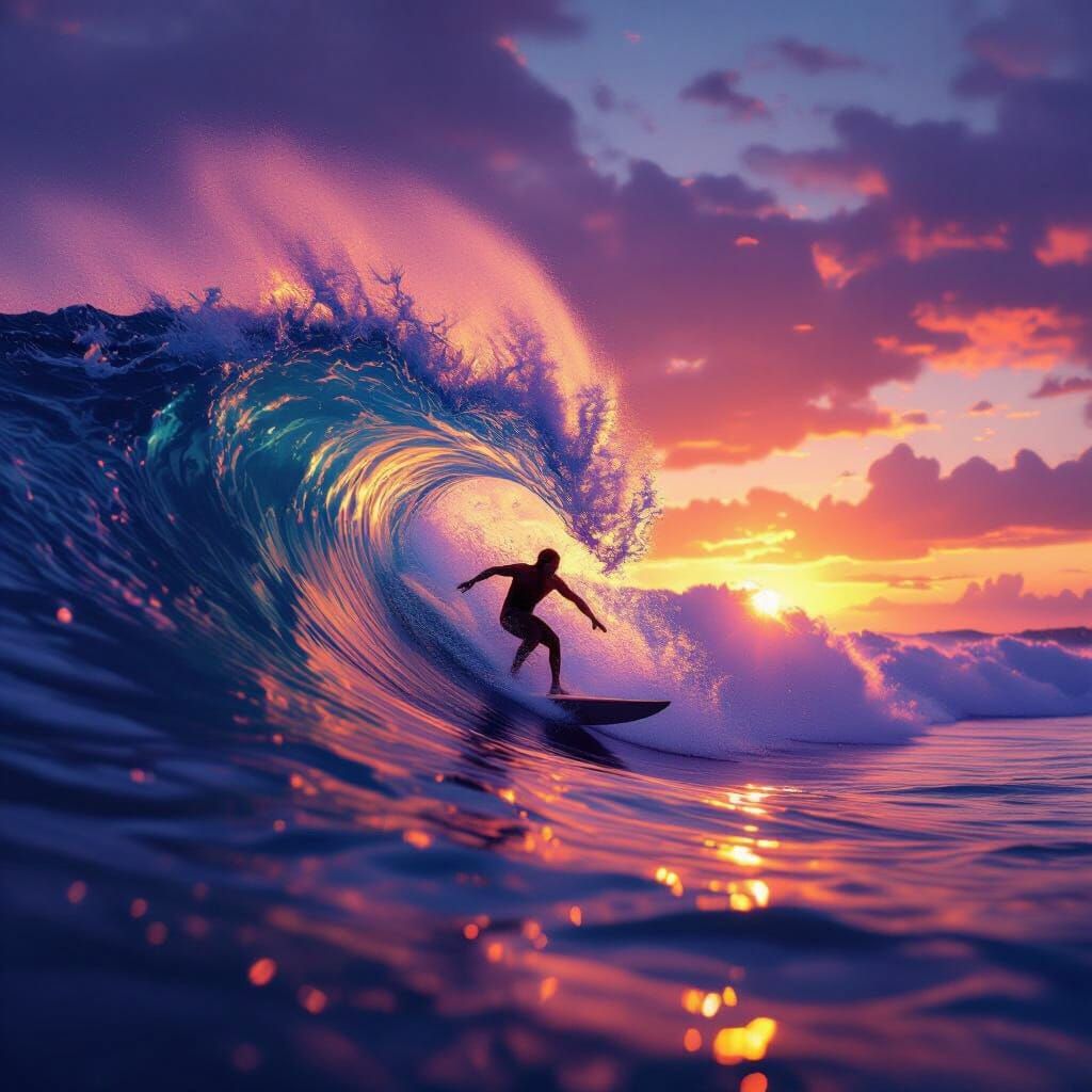 Surfer Catches Epic Wave at Vibrant Sunset