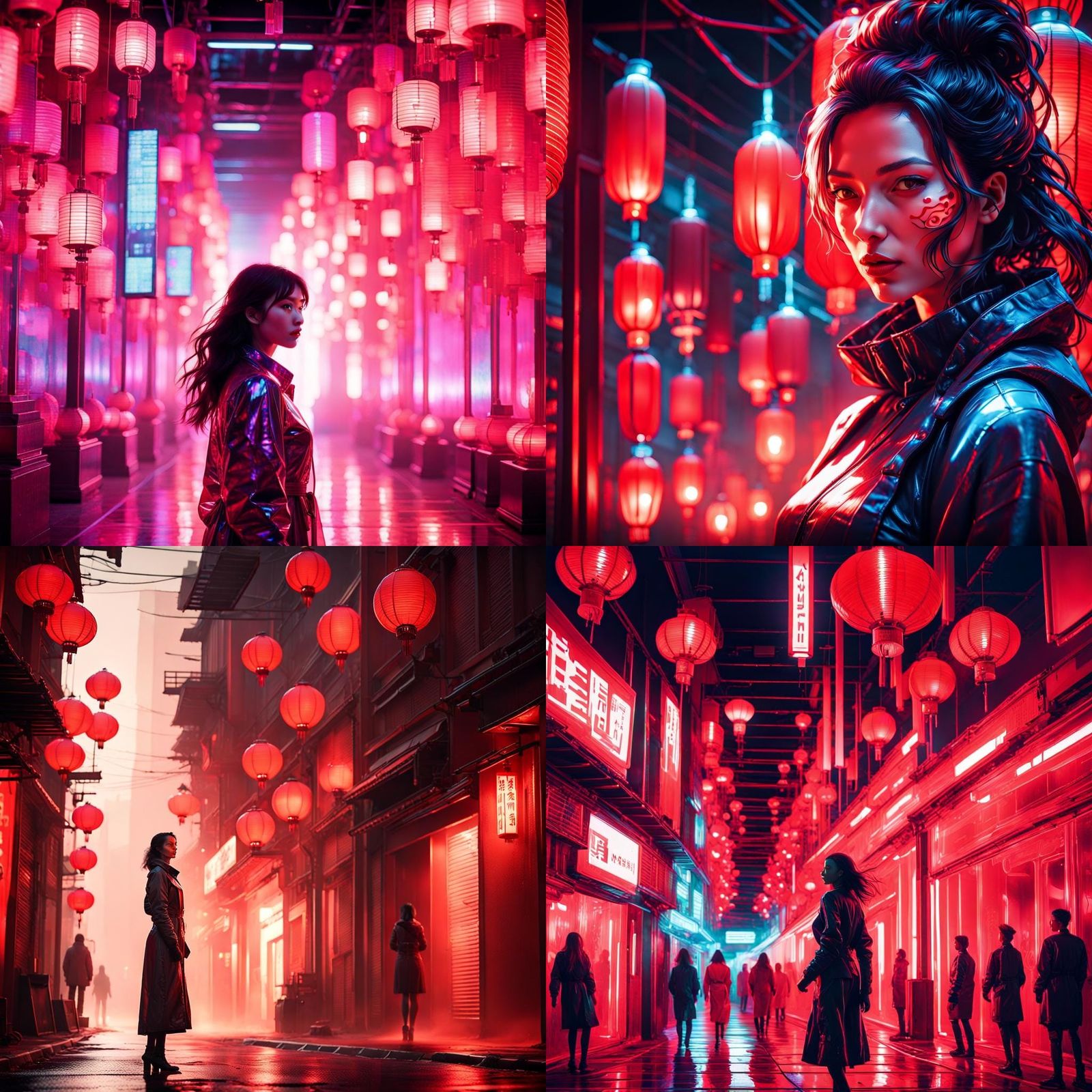 Woman Under Red Lanterns in Cassette Futurism Style