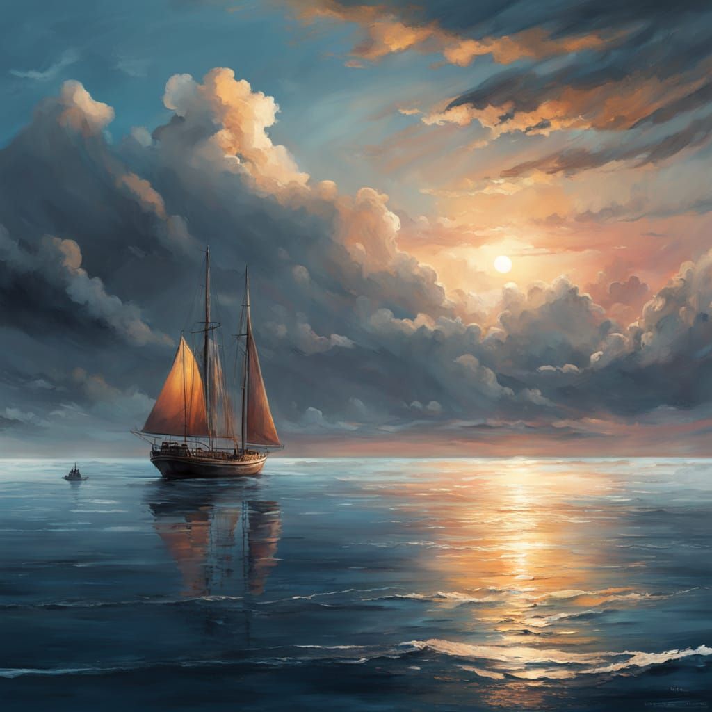 Stunning Cinematic Sunset Over Calm Ocean with Sailboat