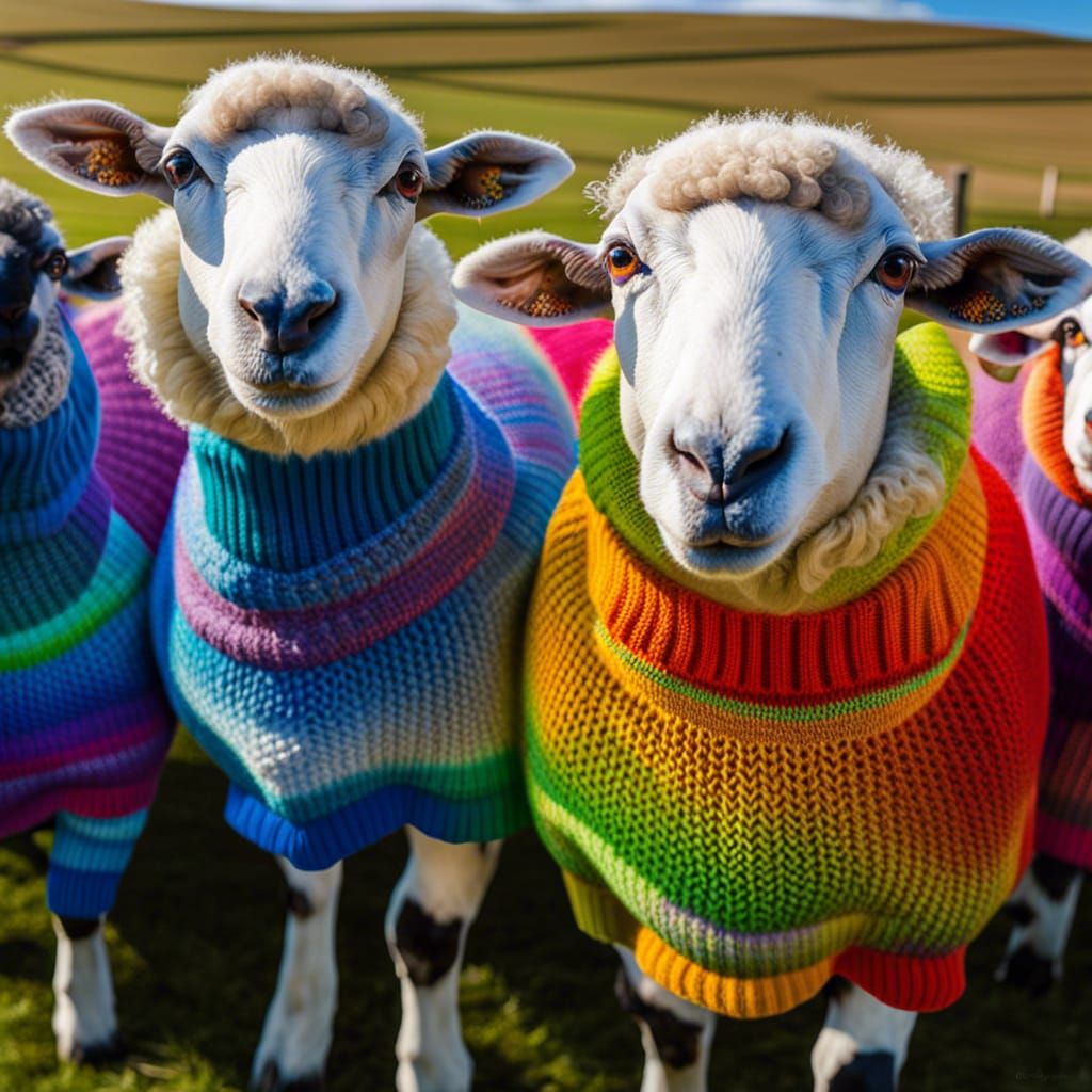 Sheep Flock Portrait in Rainbow Knitted Sweaters