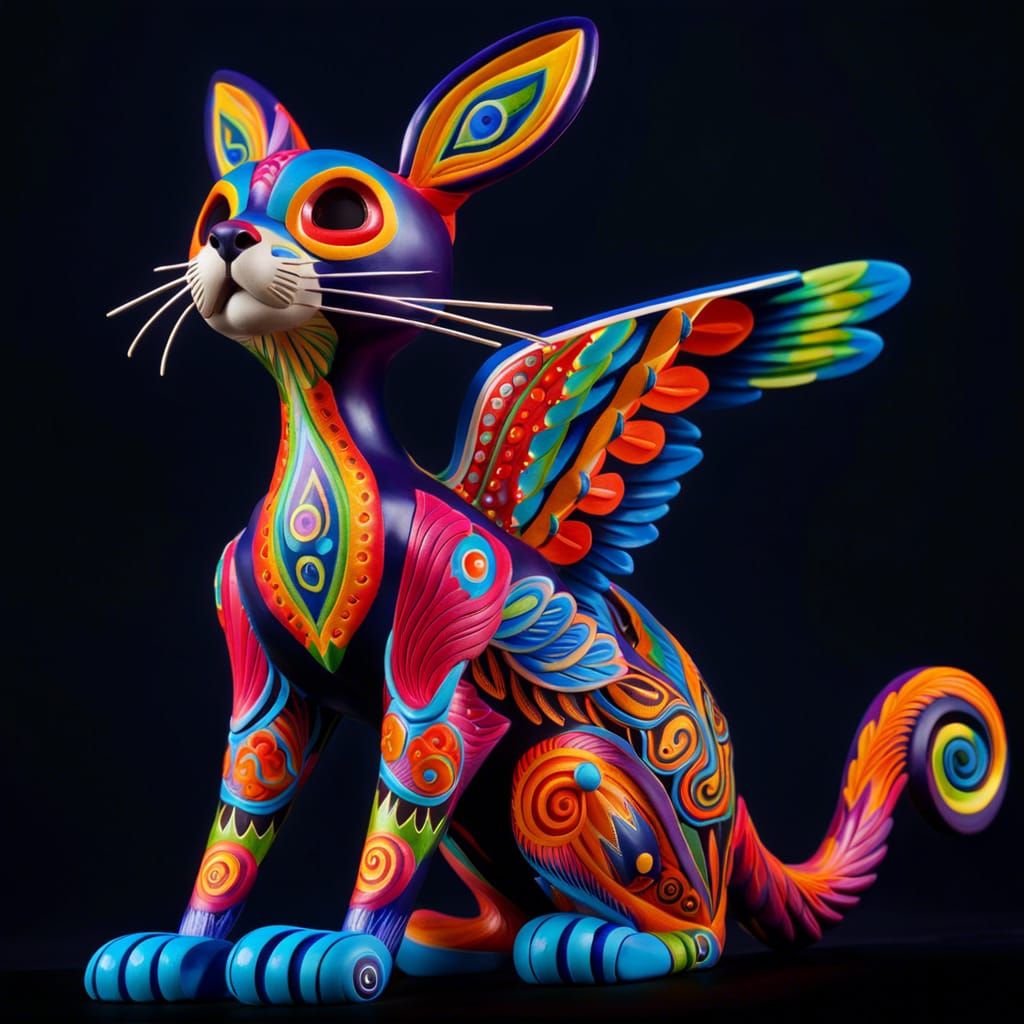 Colorful Alebrije Cat Sculpture with Wings